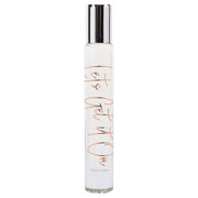 Clear glass roll-on perfume bottle with silver cap and rose gold text.
