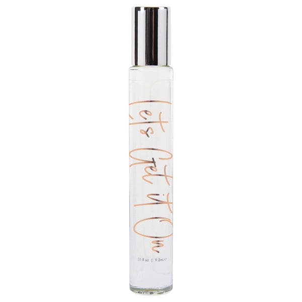 Clear glass roll-on perfume bottle with silver cap and rose gold text.