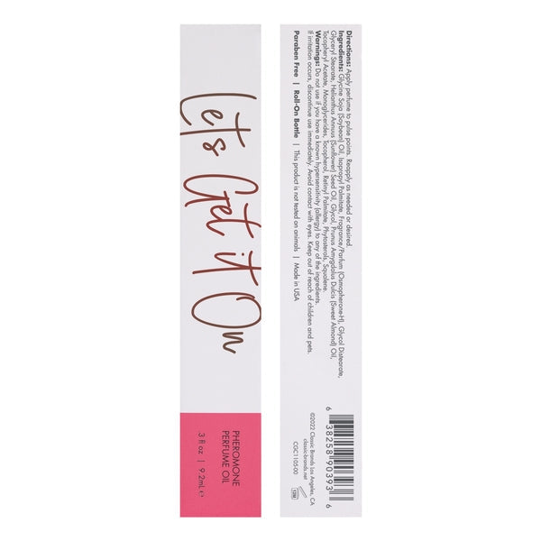 Pheromone Perfume Oil roll-on with "Let's Get It On" text.