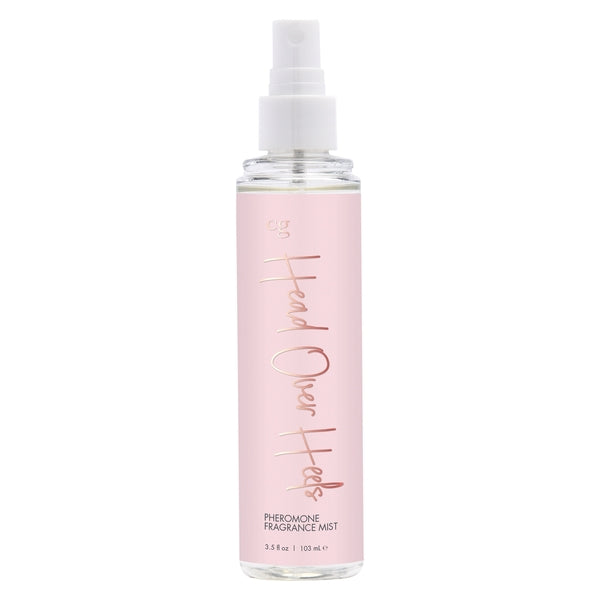 Head Over Heels Pheromone Fragrance Mist in a pink bottle.