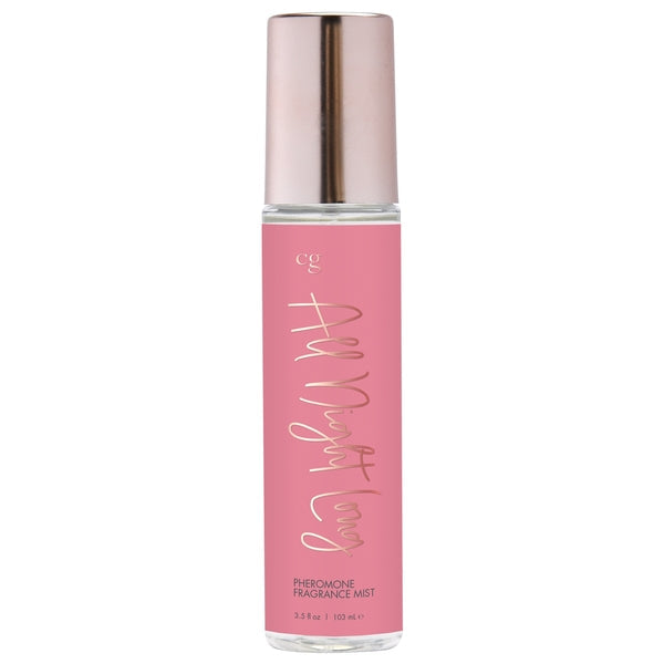 A pink bottle of "All Night Long" pheromone fragrance mist with a rose gold cap.