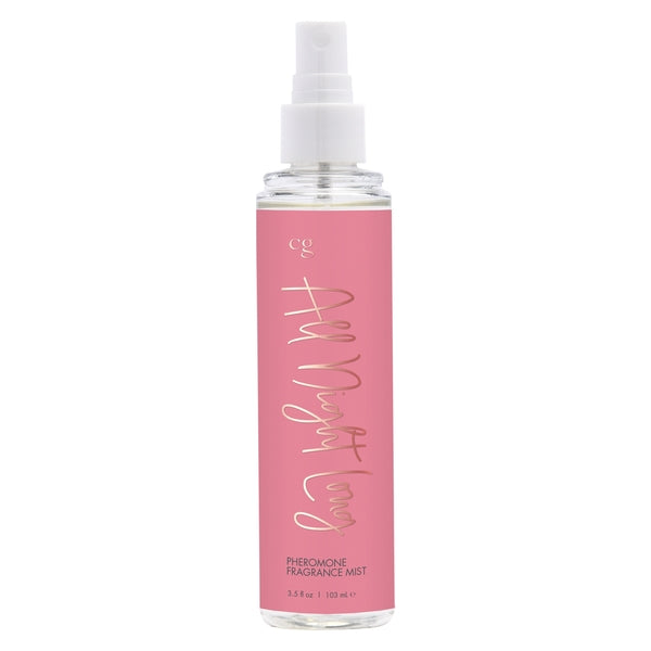 A bottle of CG All Night Long Pheromone Fragrance Mist with a pink label.