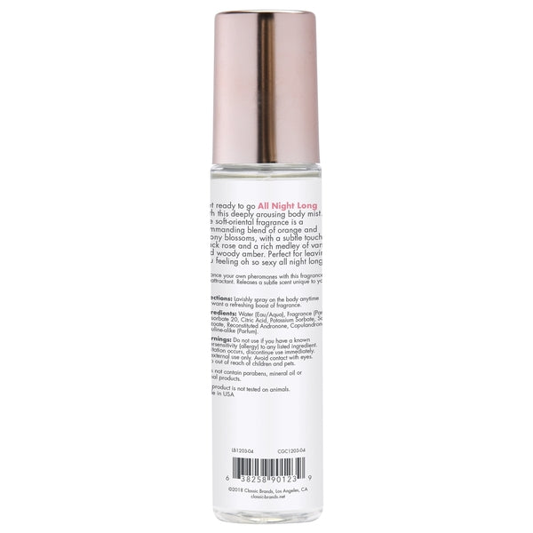 A bottle of All Night Long Pheromone Fragrance Body Mist with rose gold cap.