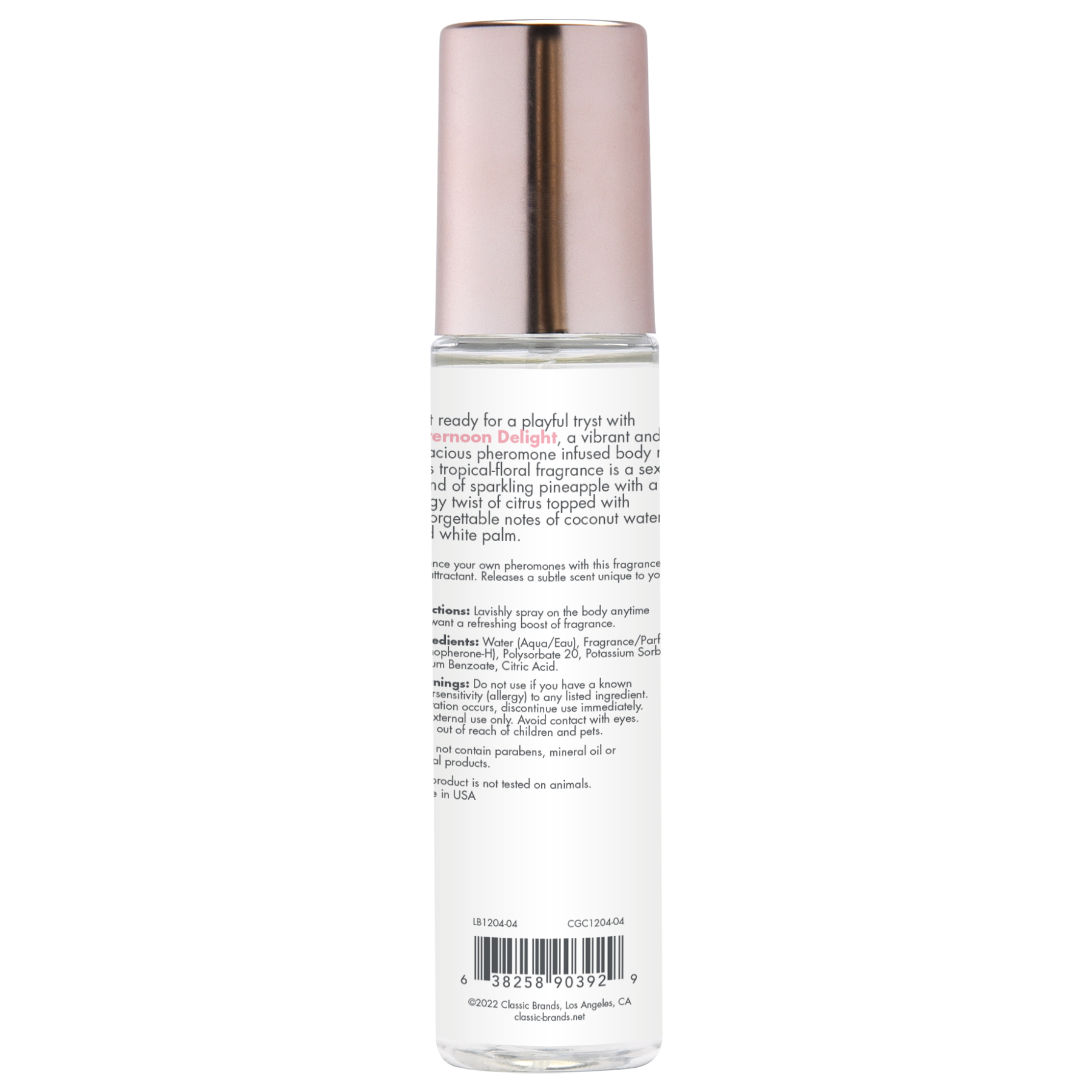 A bottle of Afternoon Delight Pheromone Body Mist with a rose gold cap.