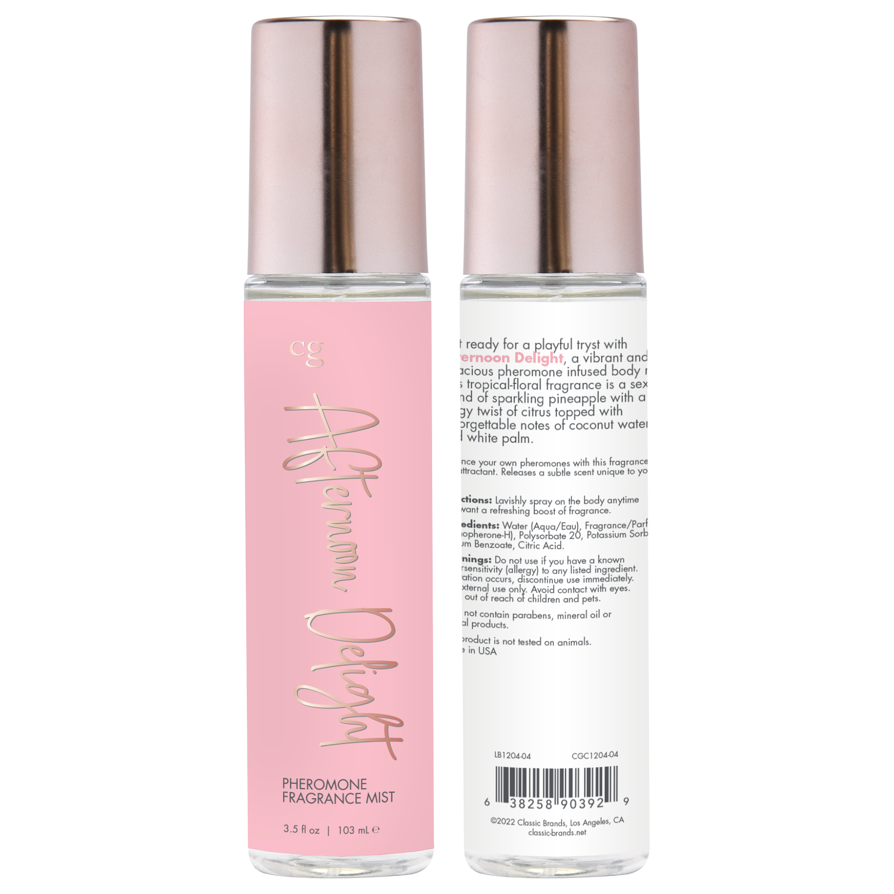 Afternoon Delight Pheromone Body Mist with tropical floral fragrance.