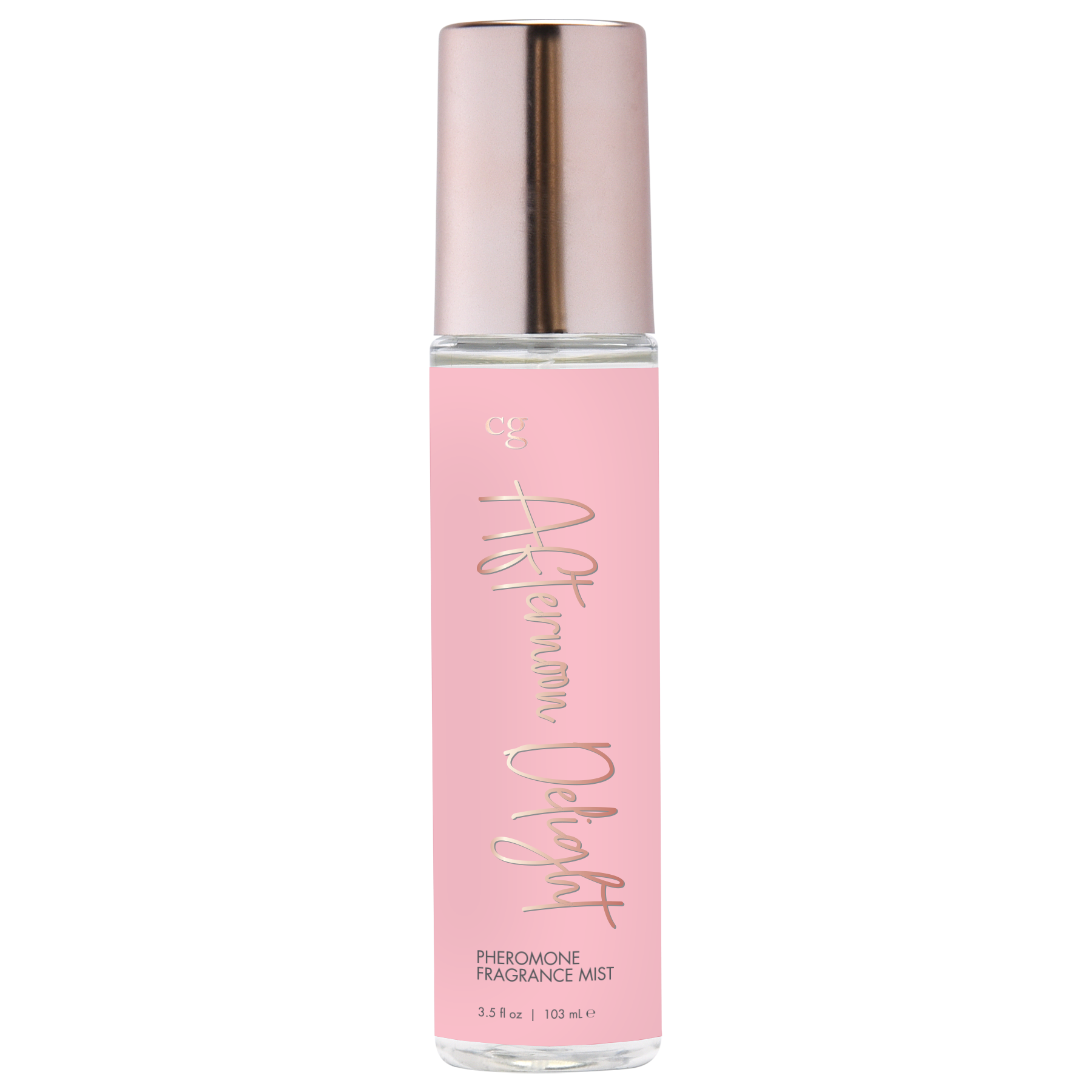 A pink bottle of Afternoon Delight Pheromone Fragrance Mist with a rose gold cap.