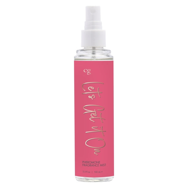 A clear bottle of "Let's Get It On" pheromone fragrance mist with a pink label.