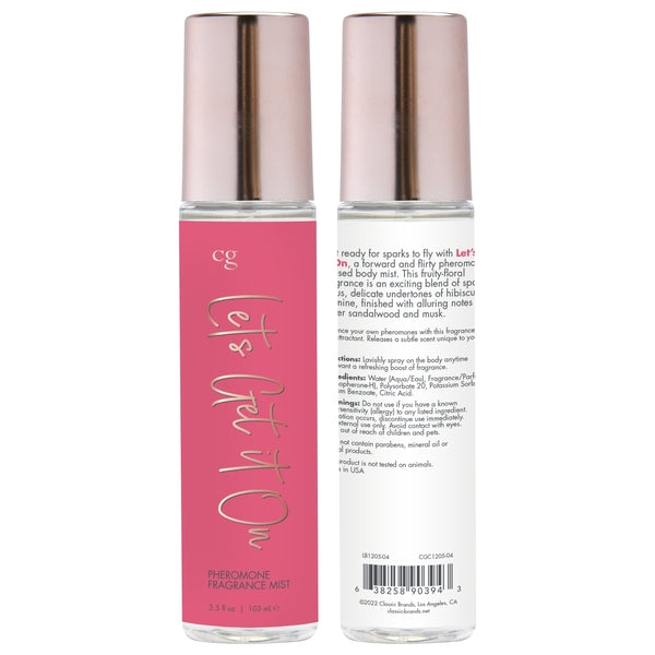 Two bottles of "Let's Get It On" pheromone fragrance mist with pink labels.