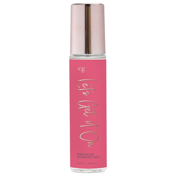 A pink bottle of "Let's Get It On" pheromone fragrance mist.