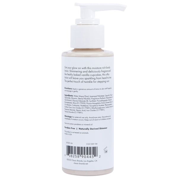 A bottle of gold shimmer body lotion with vanilla scent.