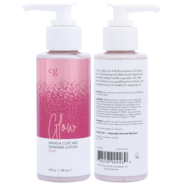 Two bottles of CG Glow Vanilla Cupcake Shimmer Lotion in Pink.