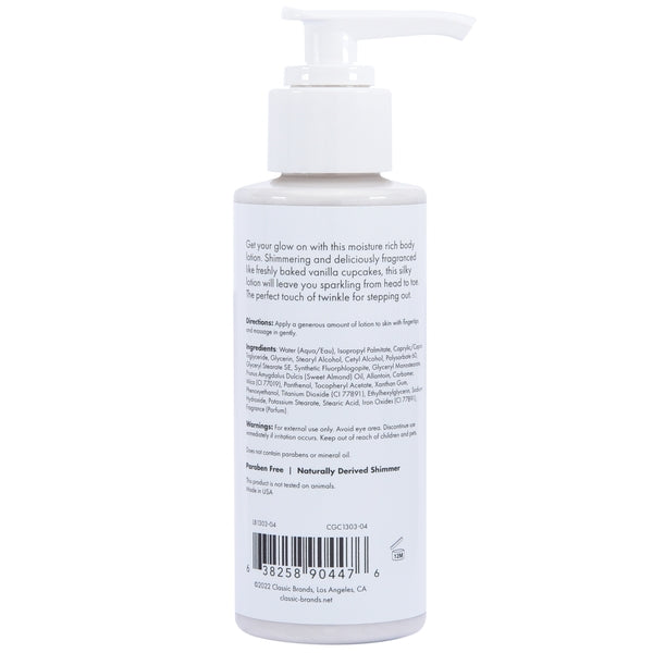 Silver Shimmer Body Lotion with vanilla scent and pump dispenser.