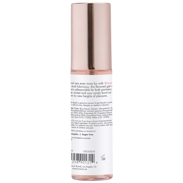 A bottle of Berry Burst flavored oral sex gel with ingredients and usage instructions.