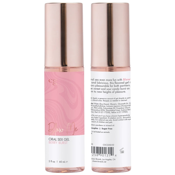 Berry Burst flavored oral sex gel in a pink bottle with rose gold cap.