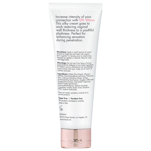 A white tube of Oh Wow vaginal tightening cream with pink accents.