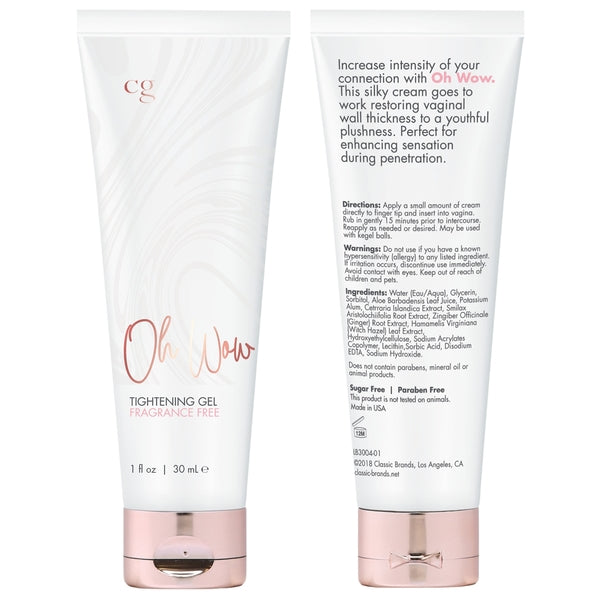 Oh Wow Vaginal Tightening Gel in a white tube with rose gold accents.