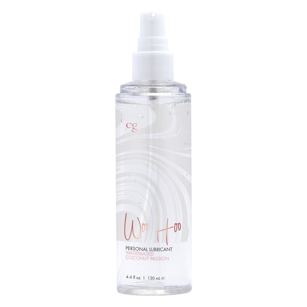 Clear bottle of Woo Hoo Coconut Passion water-based personal lubricant with a white spray top.