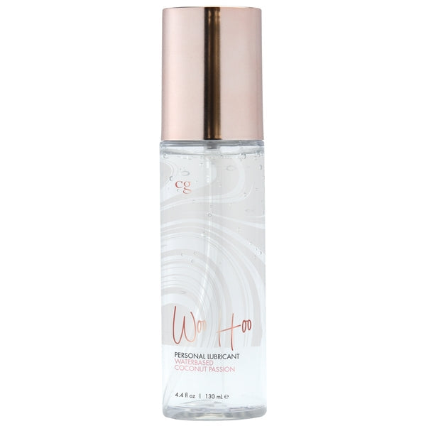 Woo Hoo Coconut Passion water-based personal lubricant in a clear bottle with a rose gold cap.