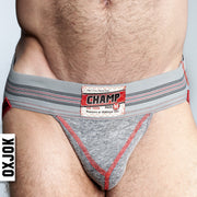 Gray heather jockstrap with vintage label and red trim.