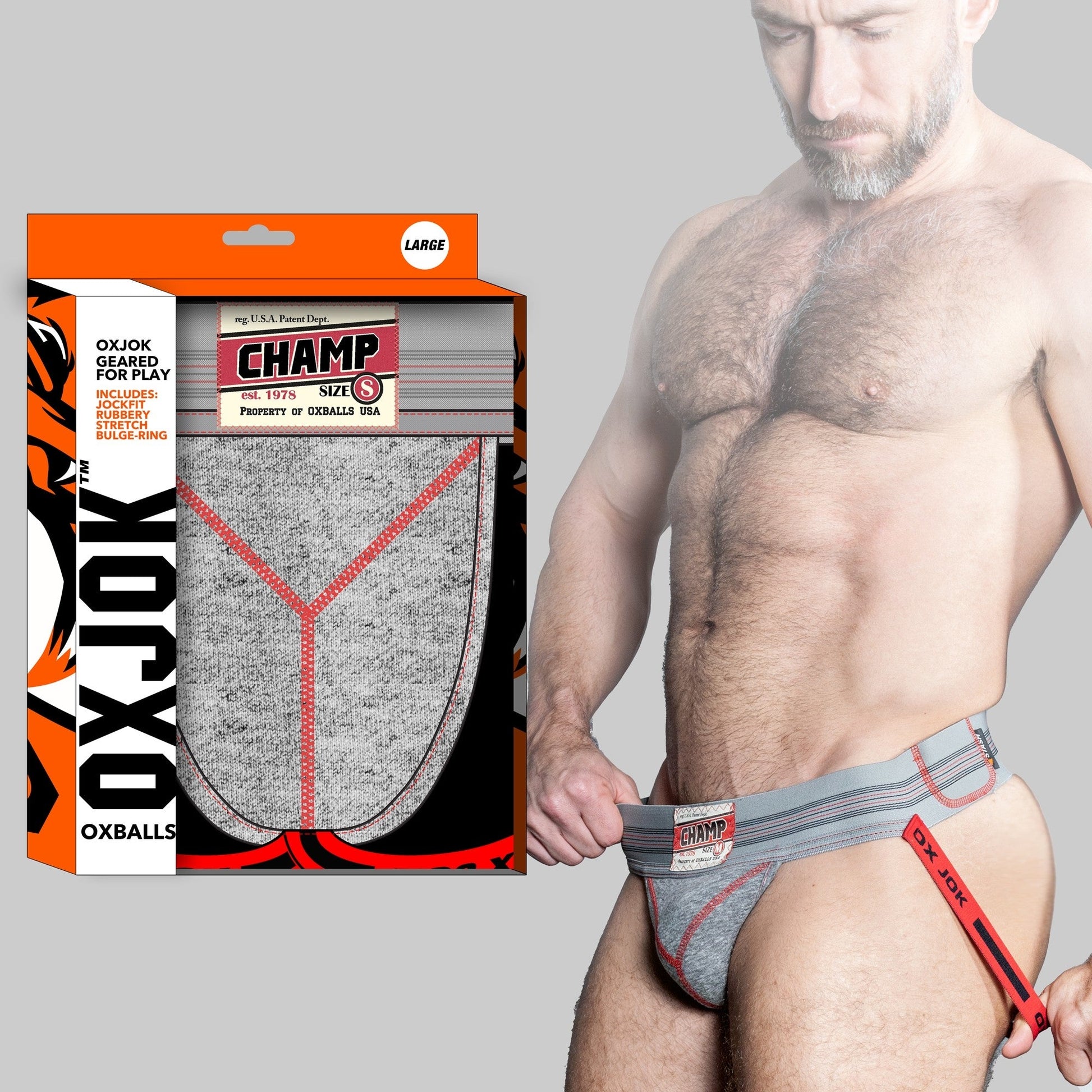 Gray heather jockstrap with vintage tracer stripes and a stash pocket.