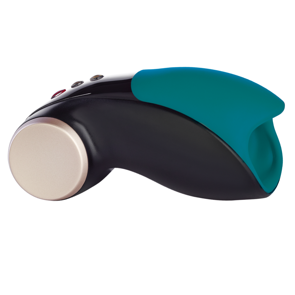 Black and teal vibrating penis head masturbator with gold accents.