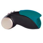 Black and teal vibrating penis head masturbator with gold accents.