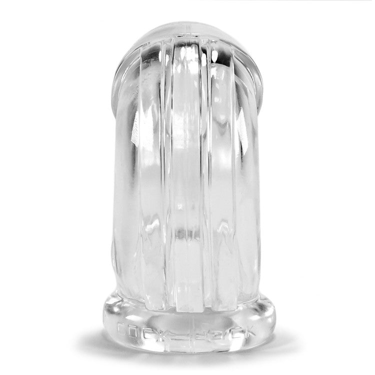 Clear soft chastity cage with ribbed texture and a rounded tip.