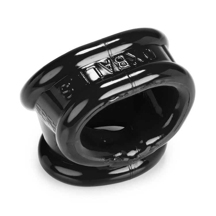 Black stretchy cock ring and ball sling with "OXBALLS" embossed.