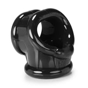 Black stretchy cock ring and ball sling with a rounded base.