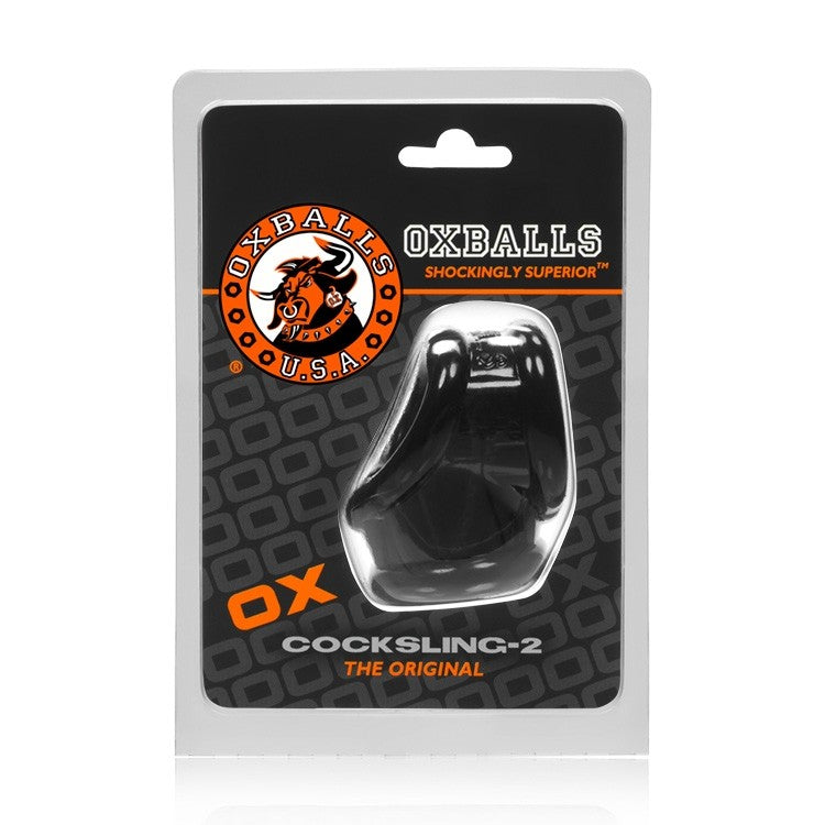Black Oxballs Cocksling-2 cock ring and ball sling in packaging.