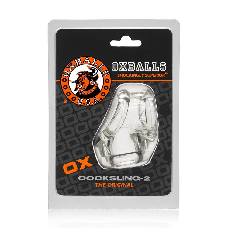Clear Oxballs Cocksling-2 cock ring and ball slinger in packaging.
