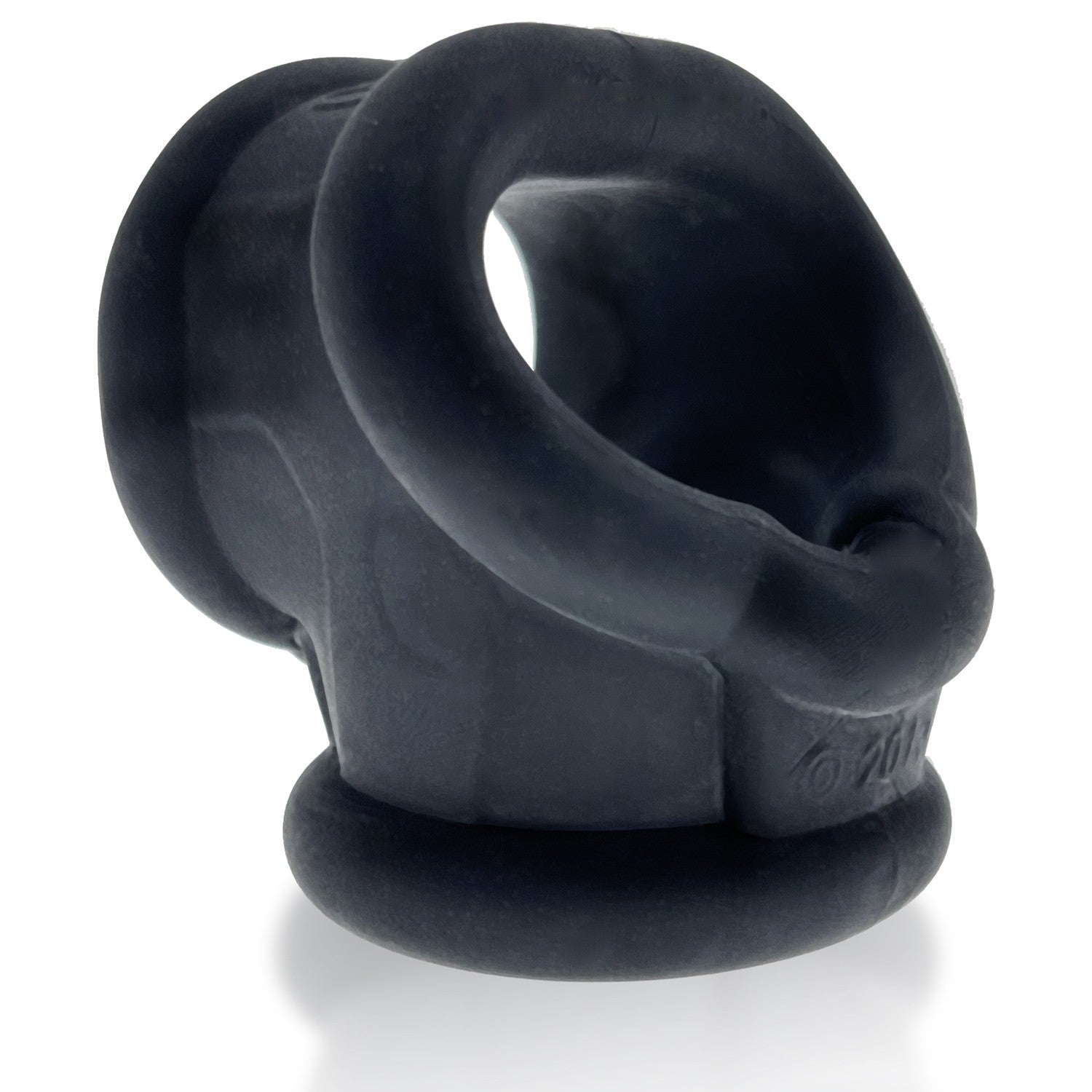 Black silicone cock ring and ball stretcher with a curved loop.