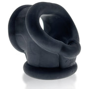 Black silicone cock ring and ball stretcher with a curved loop.