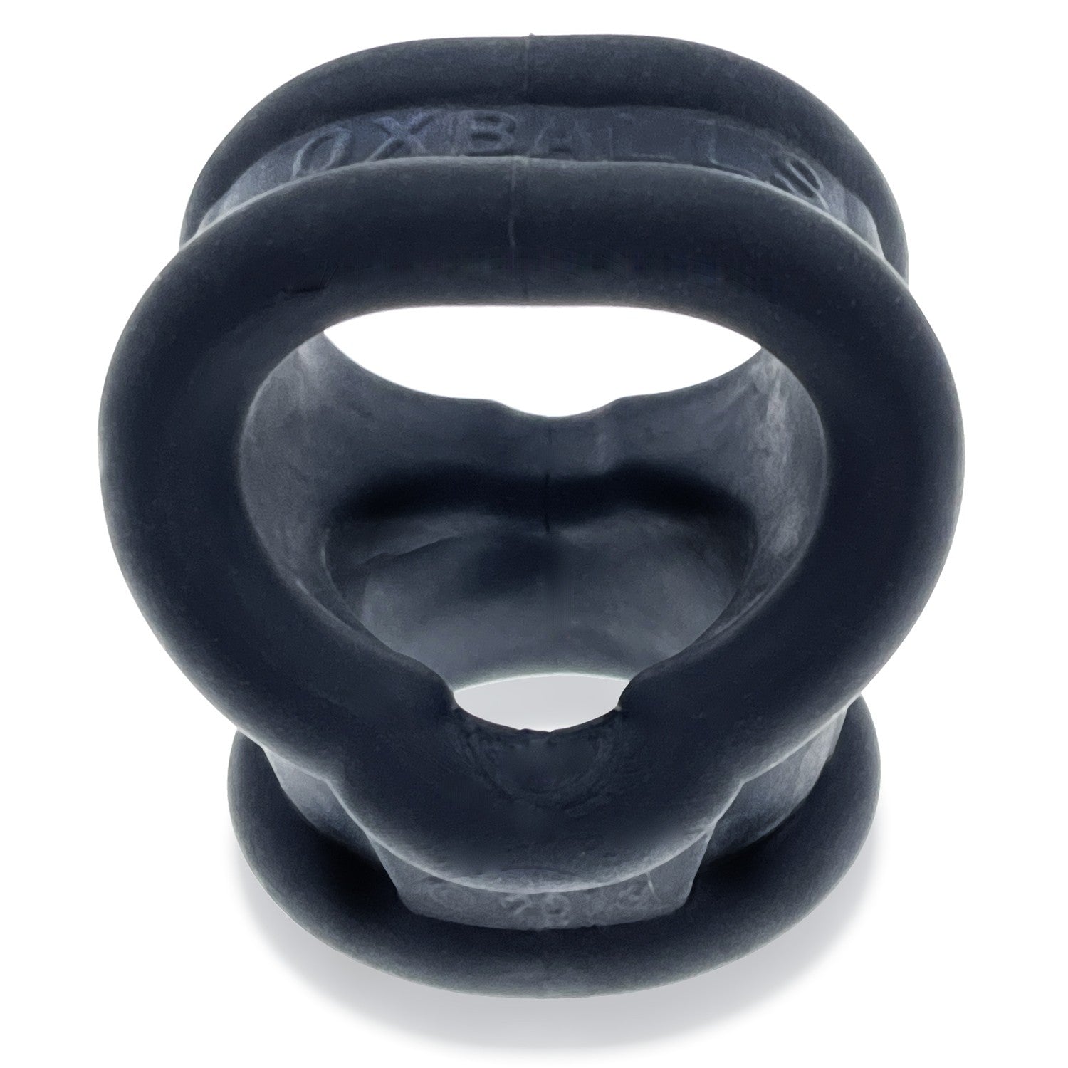 A black silicone cock ring and ball stretcher with "OXBALLS" embossed on it.
