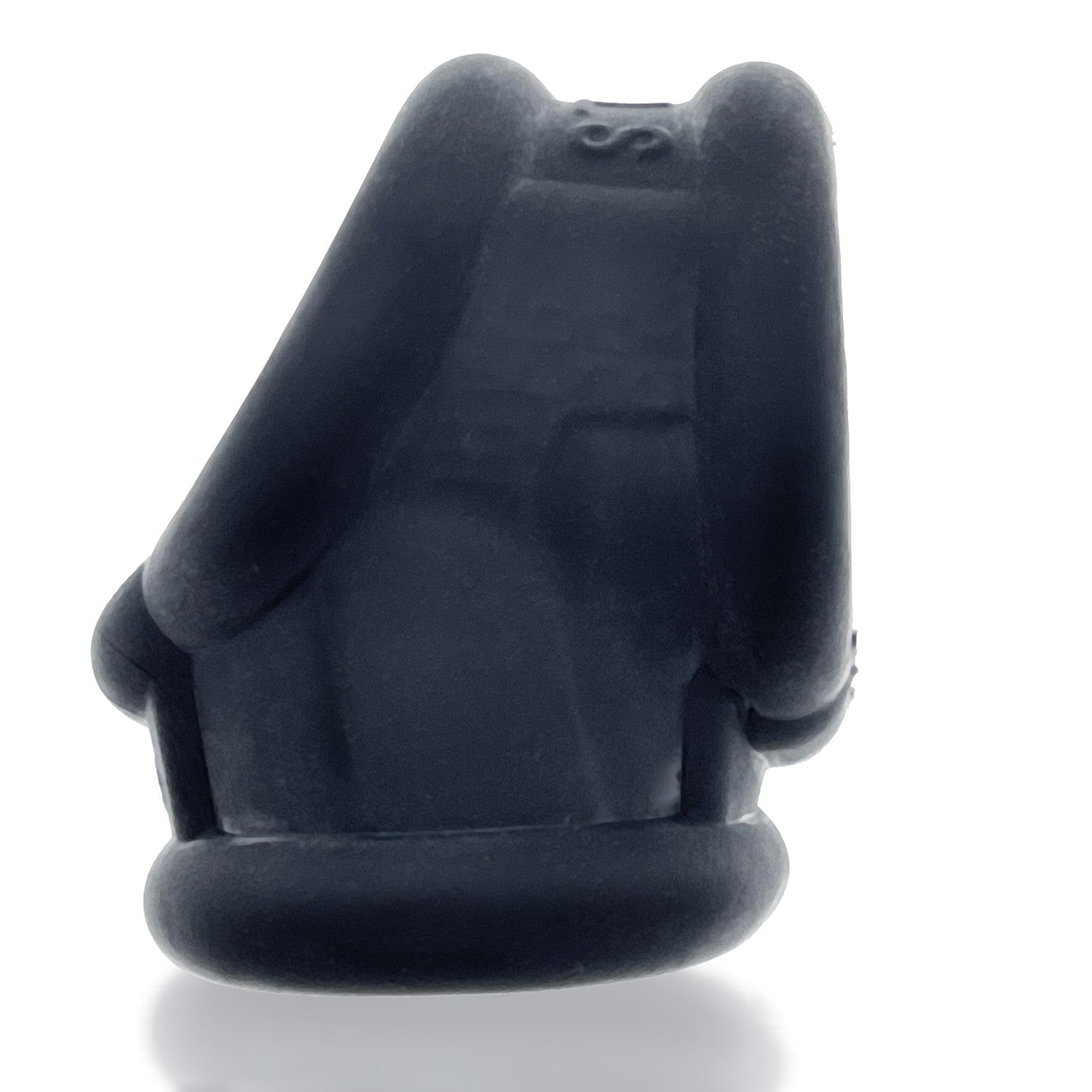 Black silicone cock ring and ball stretcher with a rounded base.