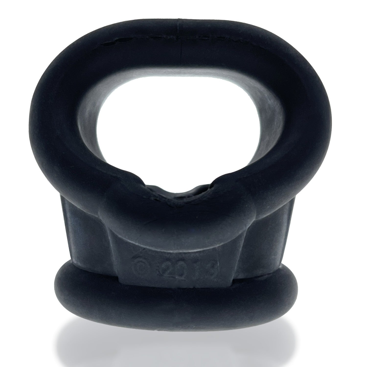Black silicone cock ring and ball stretcher with "2013" embossed on the base.