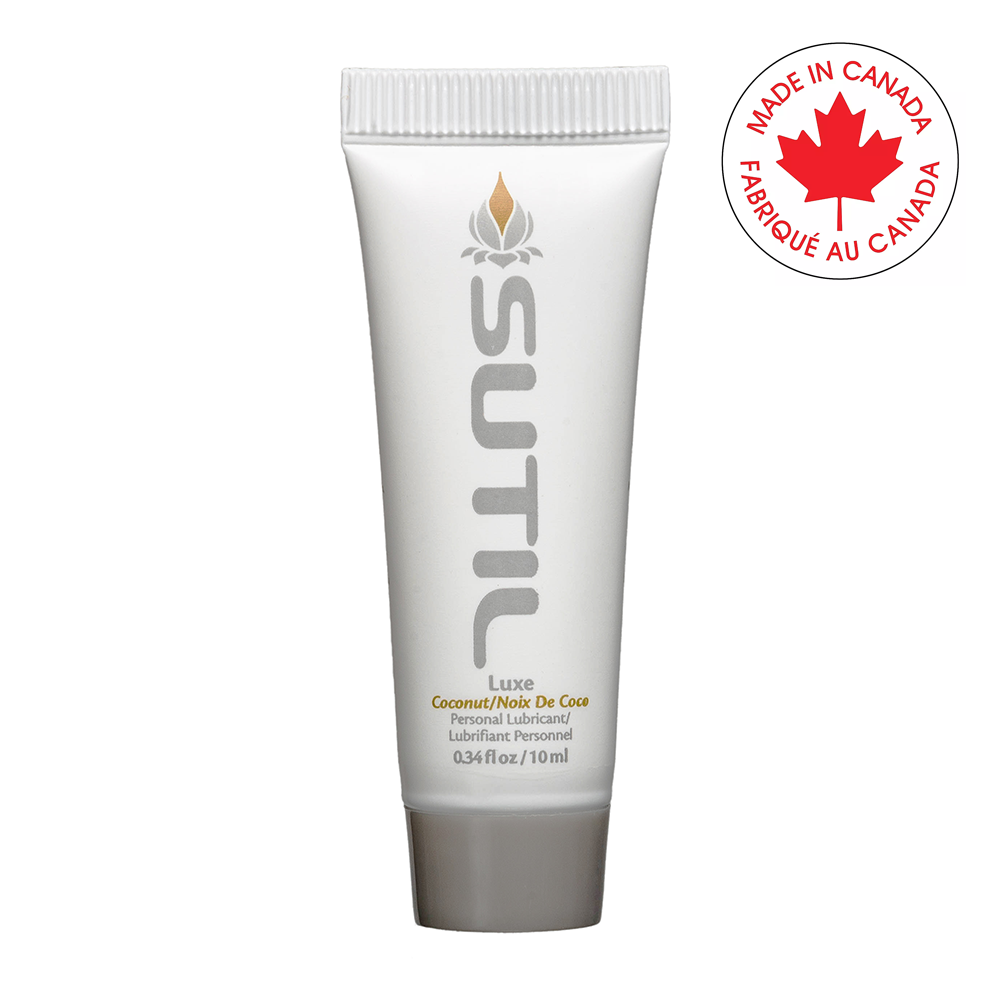 Sutil Coconut Water-Based Personal Lubricant in a 10ml tube with a "Made in Canada" emblem.
