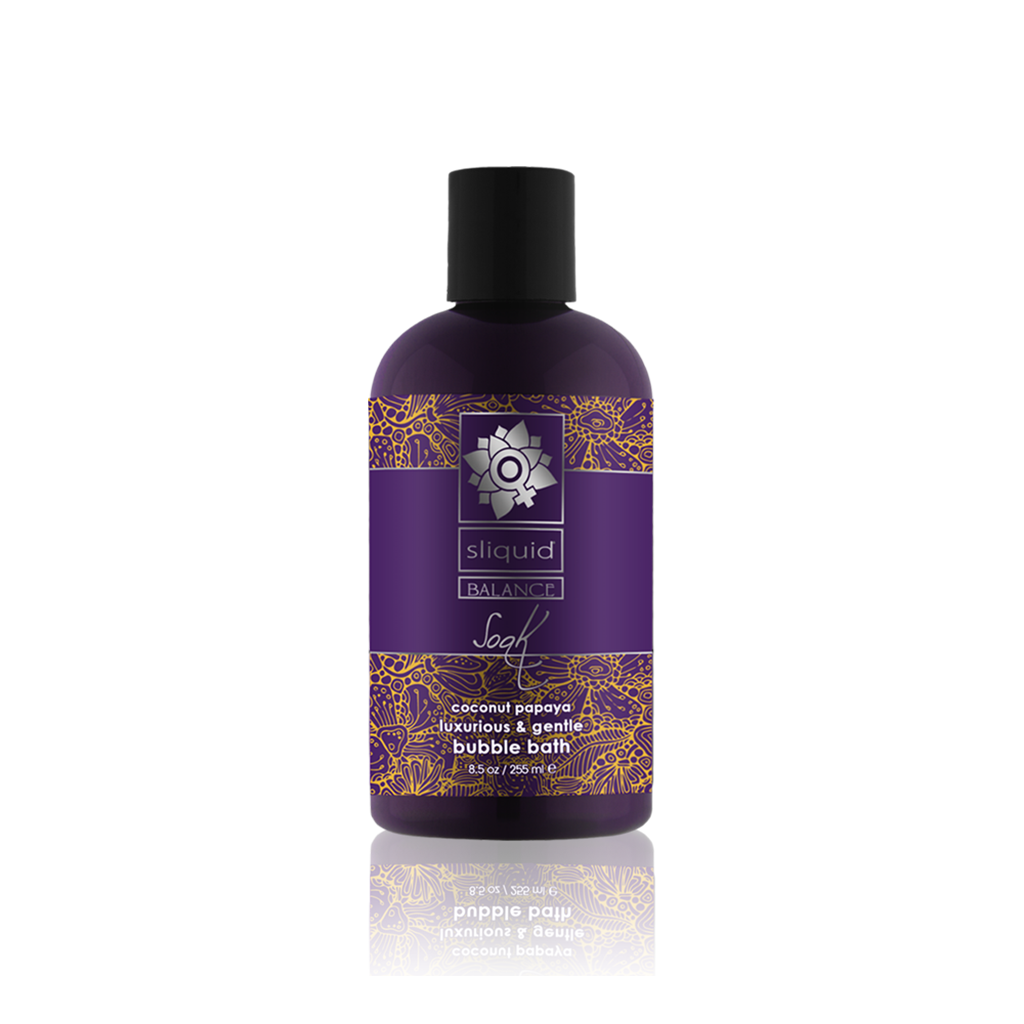Purple bottle of Sliquid Coconut Papaya bubble bath with gold floral accents.