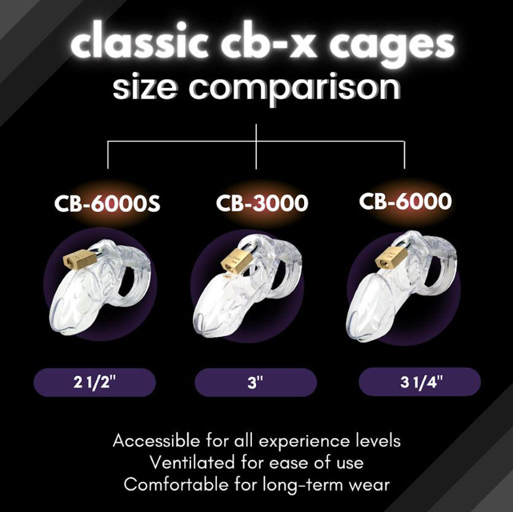 CB-6000S chastity cage size comparison with three different cage lengths.