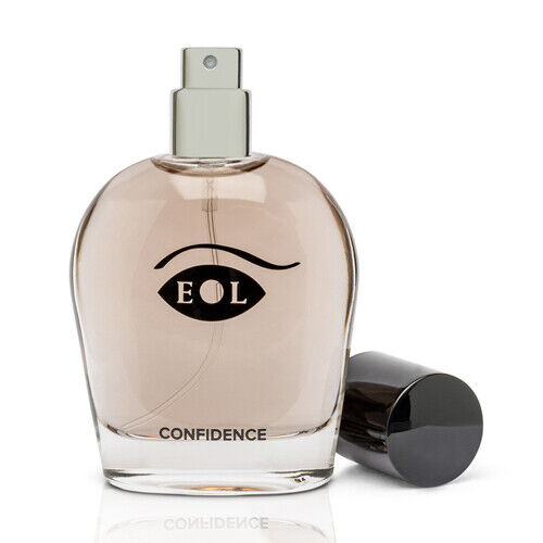 A clear glass bottle of Confidence Pheromone Cologne with a black cap.