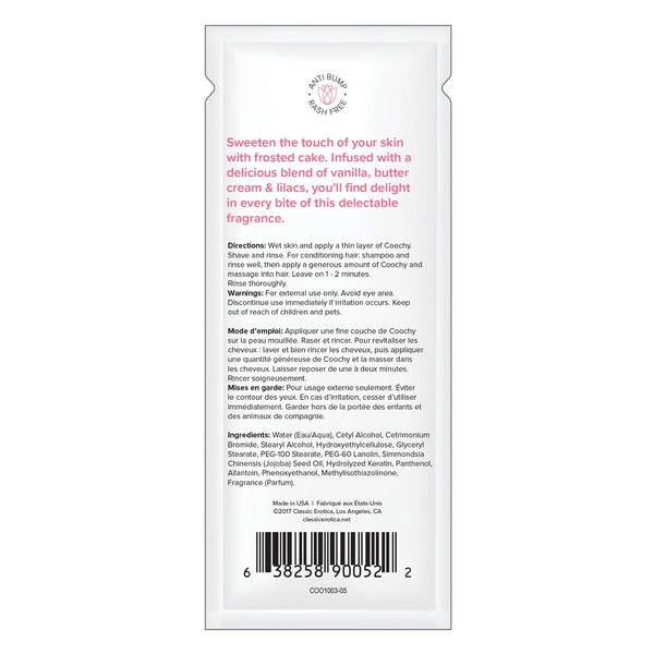 Coochy Frosted Cake shave cream with directions and ingredients.