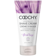 Coochy Floral Haze shave cream in a white tube with purple floral design.