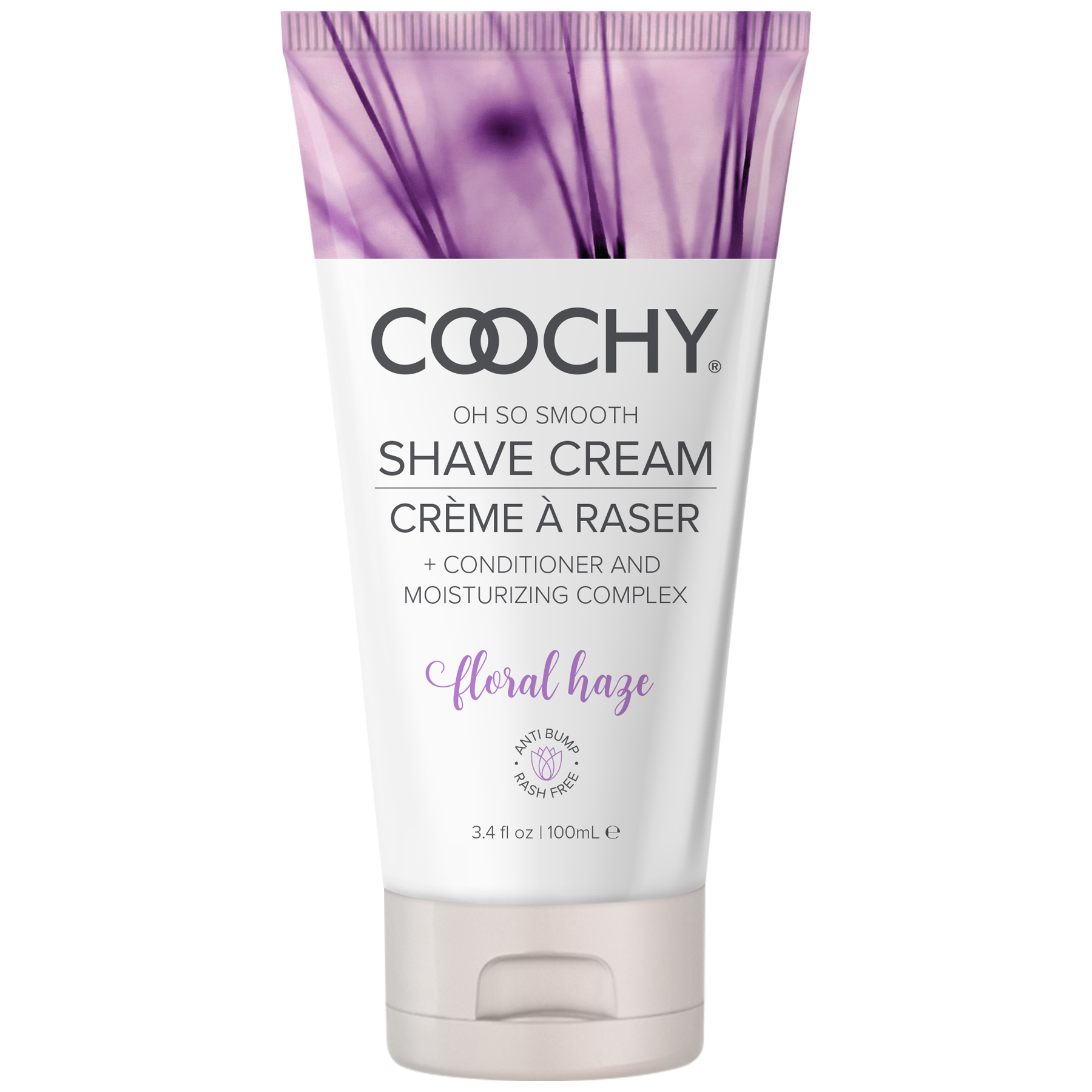 Coochy Floral Haze shave cream in a white tube with purple floral design.
