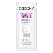 Coochy Floral Haze shave cream sample with floral illustration.