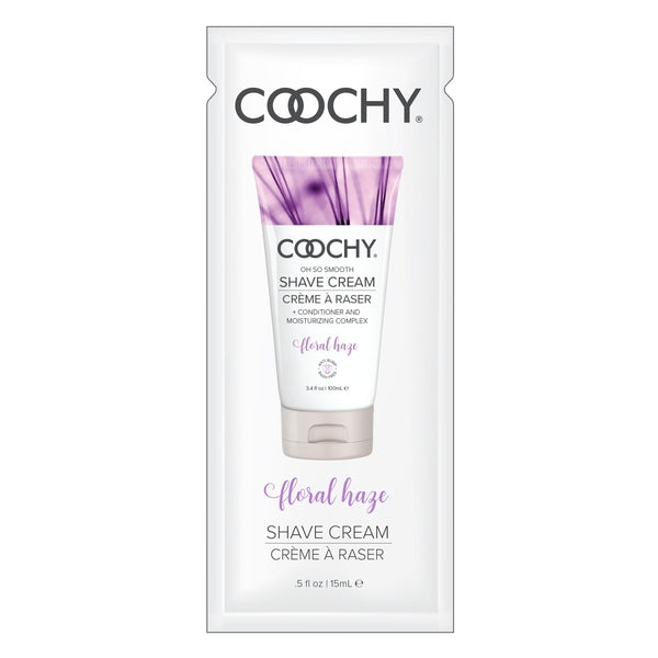 Coochy Floral Haze shave cream sample with floral illustration.