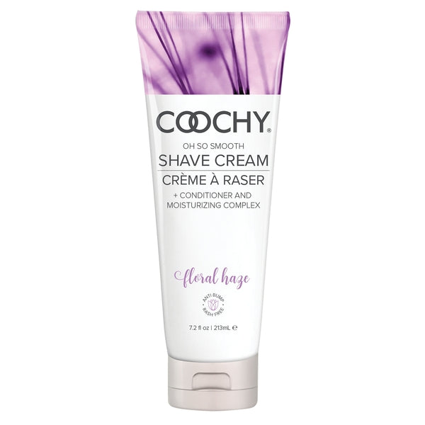 Coochy Floral Haze moisturizing shave cream in a white tube with purple floral design.