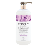Coochy Floral Haze shave cream in a pump bottle with purple floral accents.
