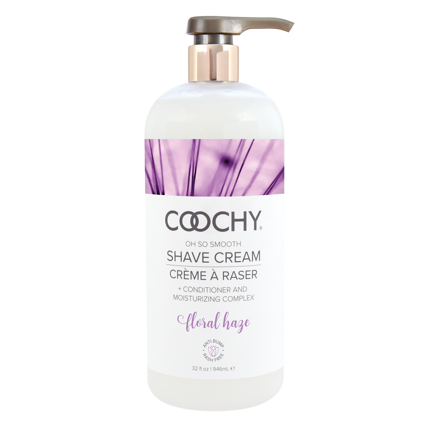 Coochy Floral Haze shave cream in a pump bottle with purple floral accents.