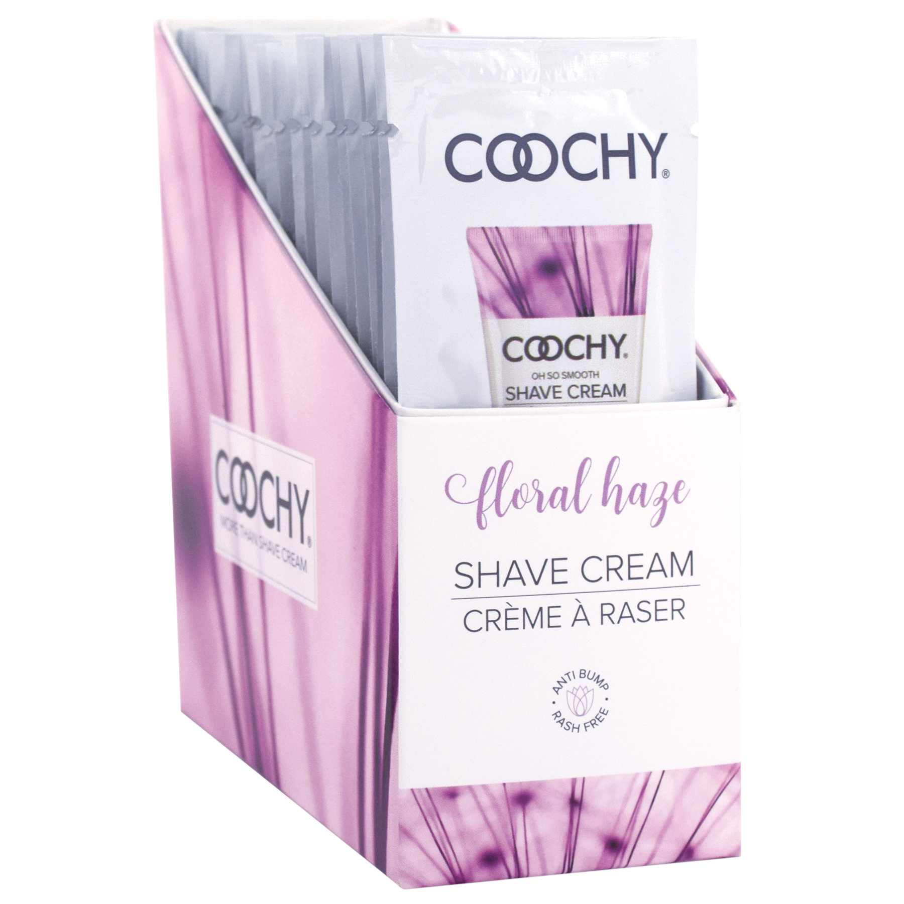 Coochy Floral Haze Shave Cream display box with individual packets.