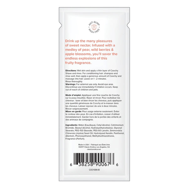Coochy Sweet Nectar Shave Cream with ingredient list and usage instructions.